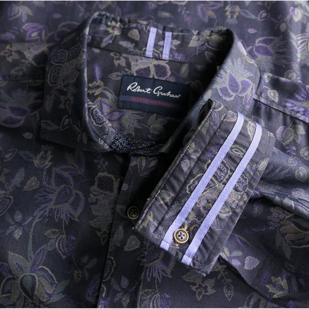 Robert Graham Button Down 3XL Tailored Fit Floral Jacquard Mens Purple‎ Charcoal